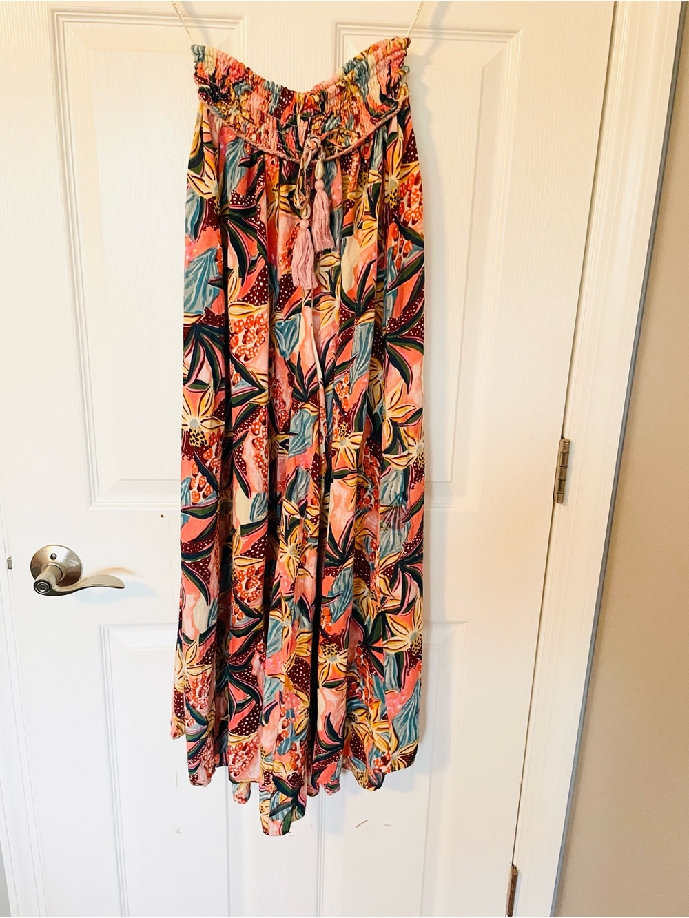 Tropical resort wear multicolor beach wide leg pants, sz S